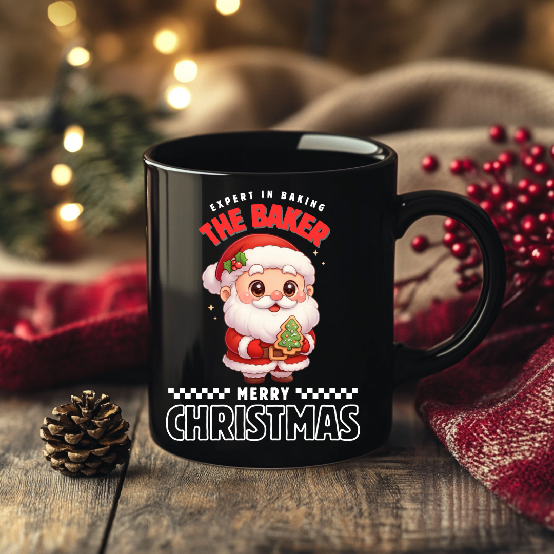 Expert in Baking: The Santa Baker- White and Red | Black Glossy Mug