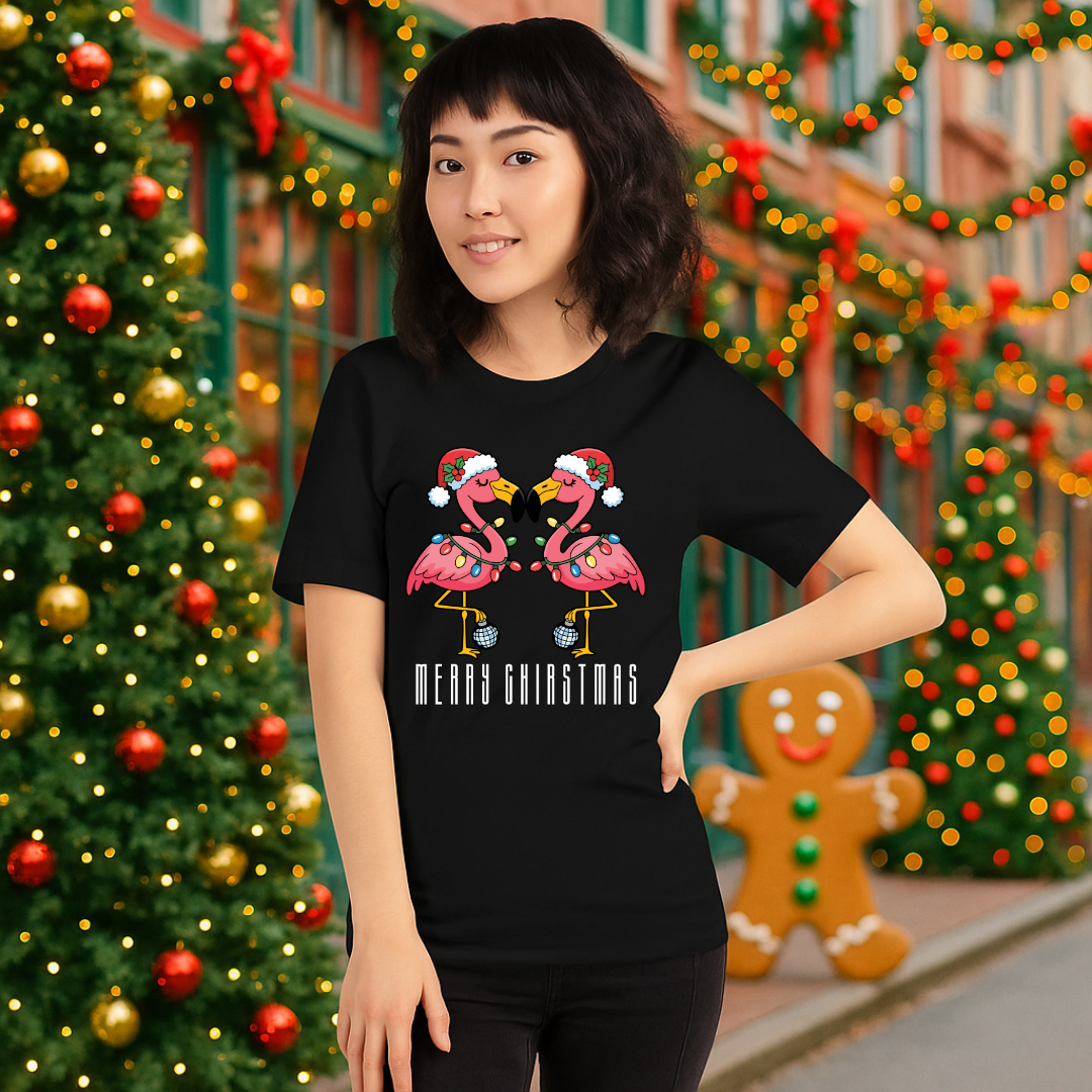 "Merry Christmas" Flamingo- White | Adults t-shirt | – RB Designa Co