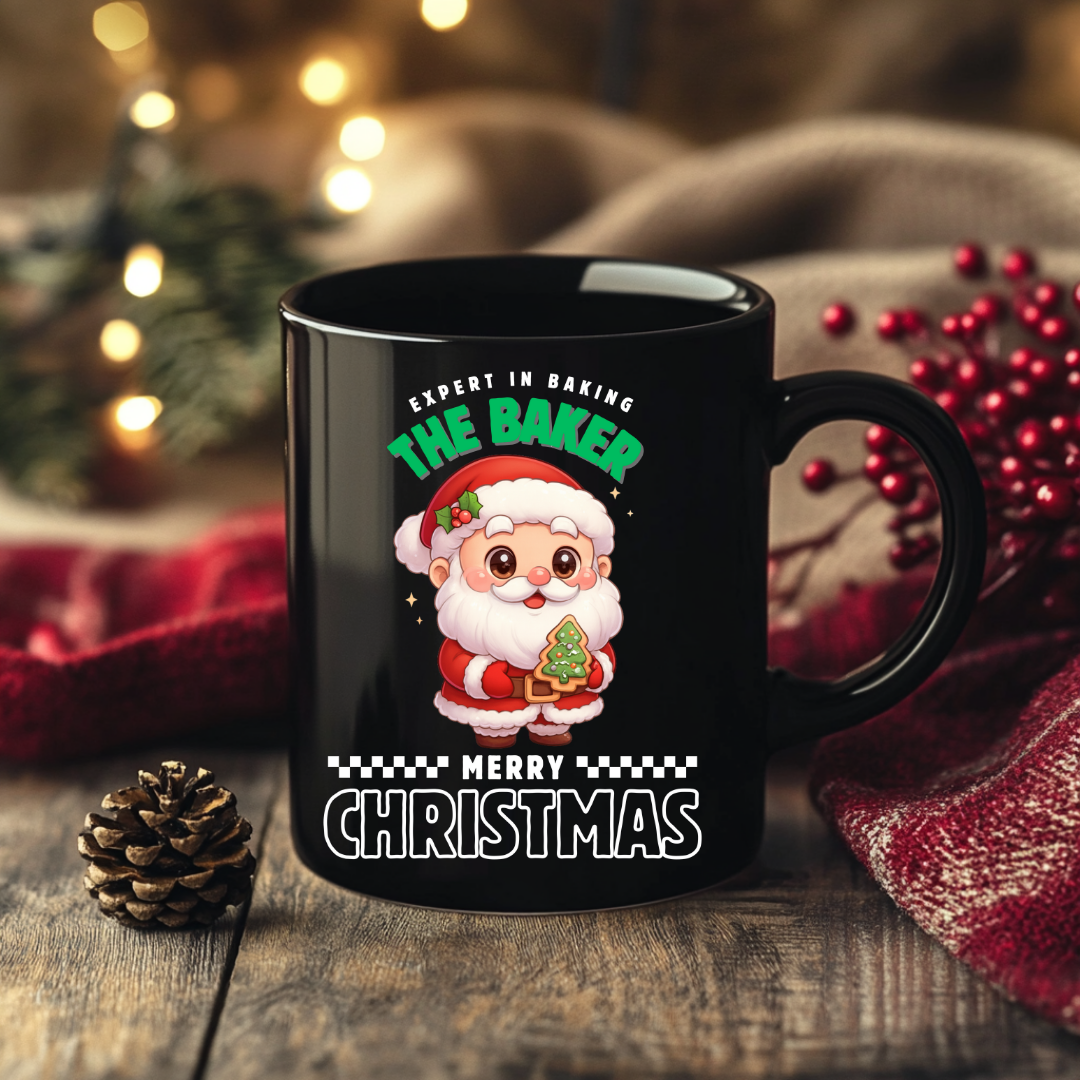 Expert in Baking: The Santa Baker- White and Green | Black Glossy Mug