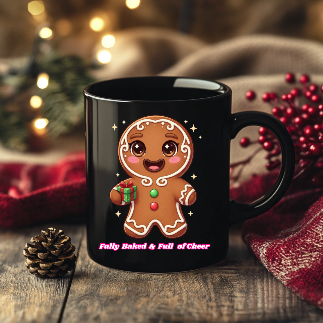 "Fully Baked and Full of Cheer" | Black Glossy Mug
