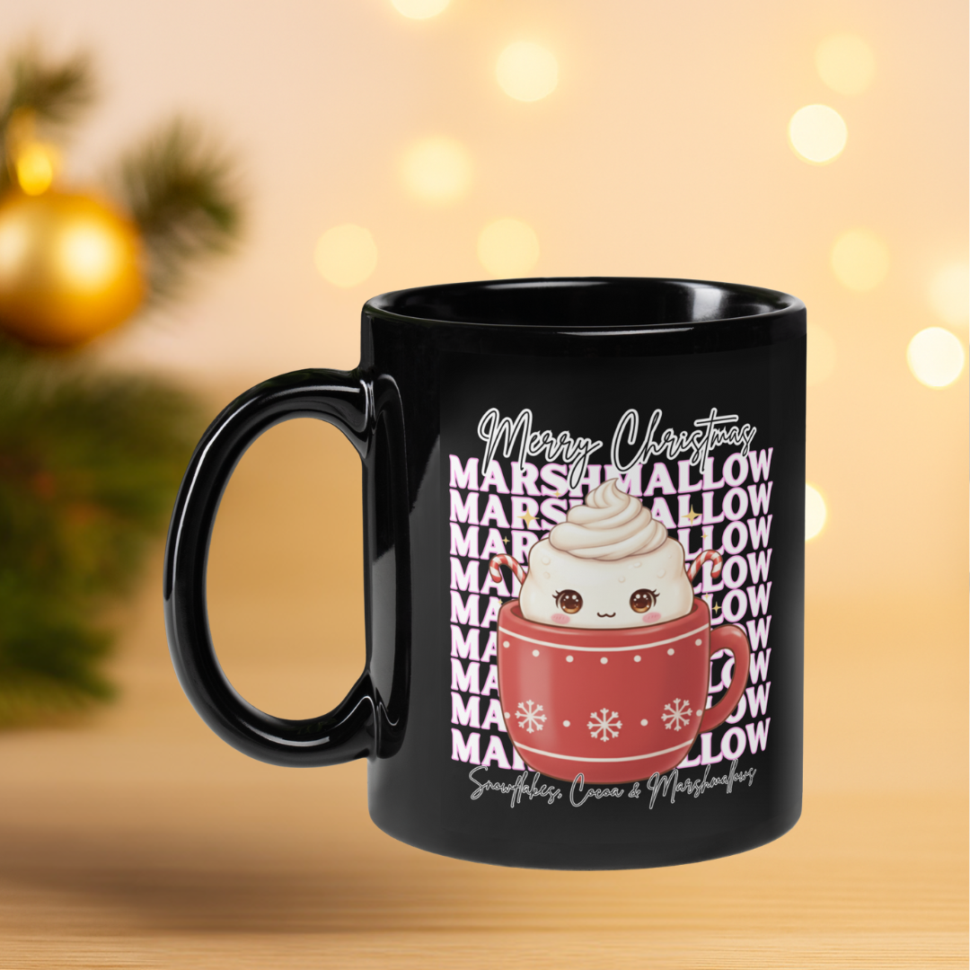 "Marshmallow, Merry Christmas..." | Black Glossy Mug