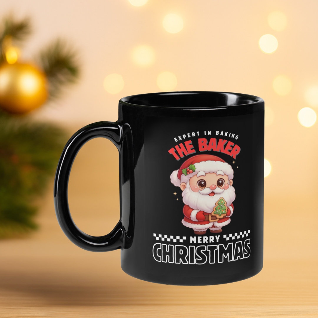 Expert in Baking: The Santa Baker- White and Red | Black Glossy Mug