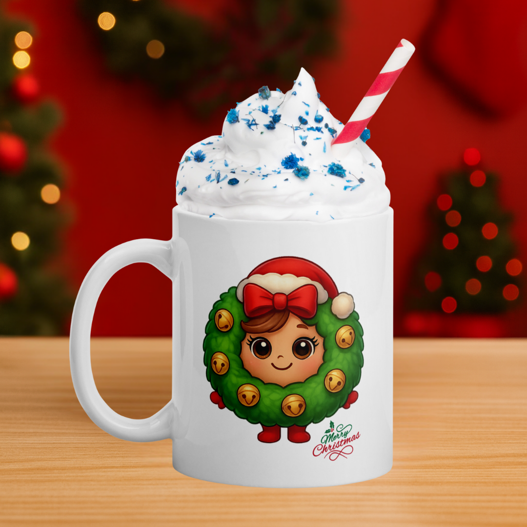 Christmas Wreath Head Kids White Mug