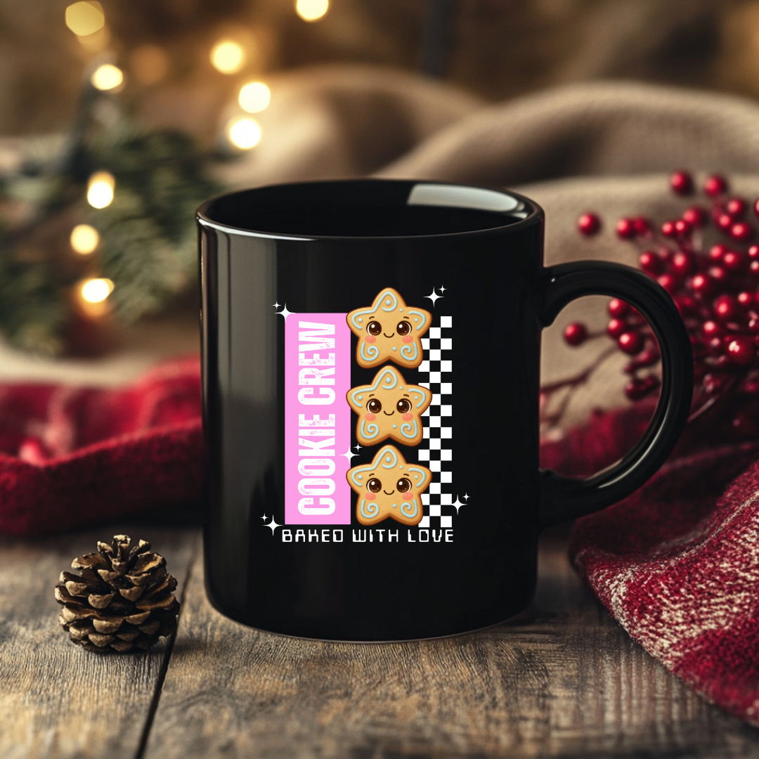 "Cookie Crew, Baked With Love"- Pink | Black Glossy Mug