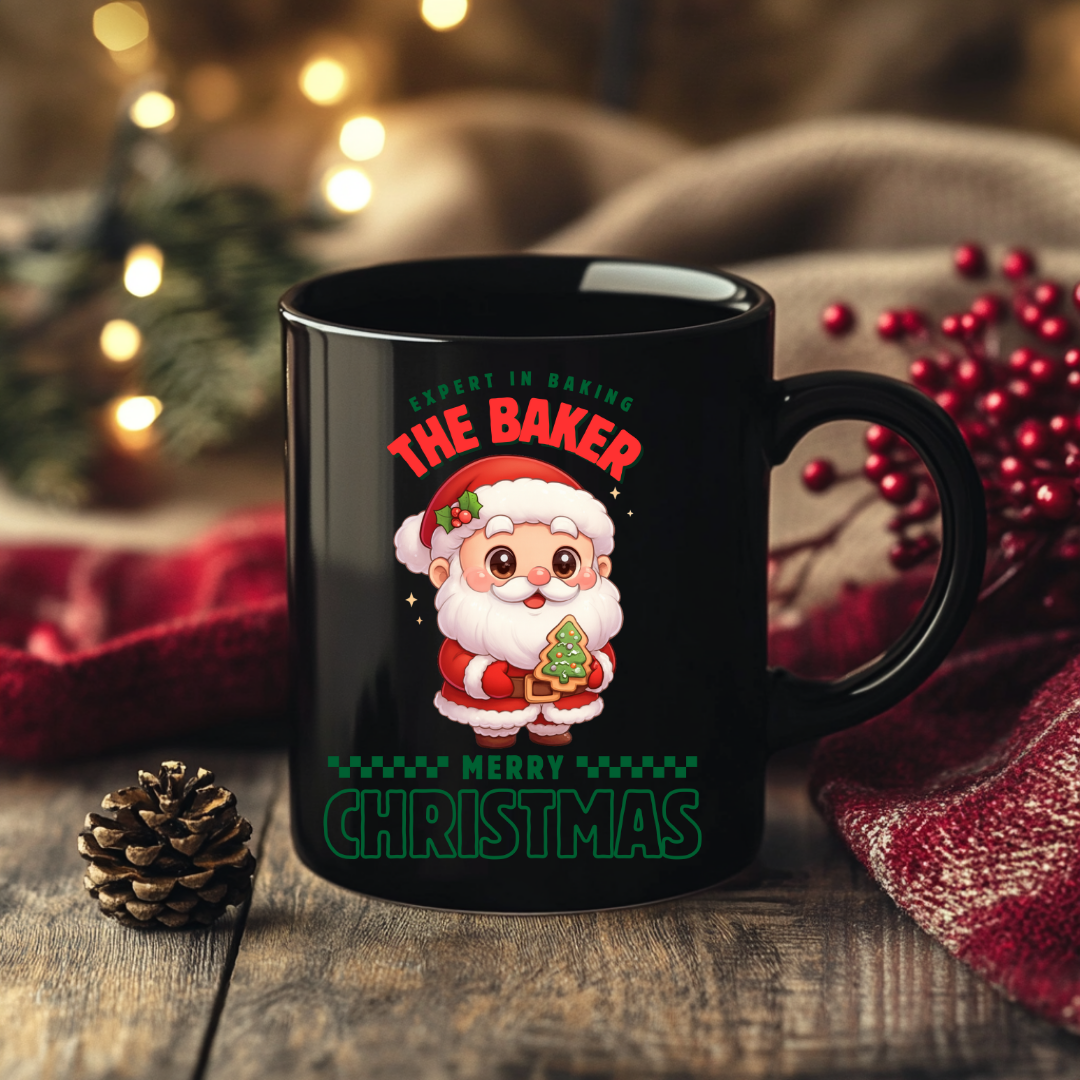 Expert in Baking: The Santa Baker- Green and Red | Black Glossy Mug