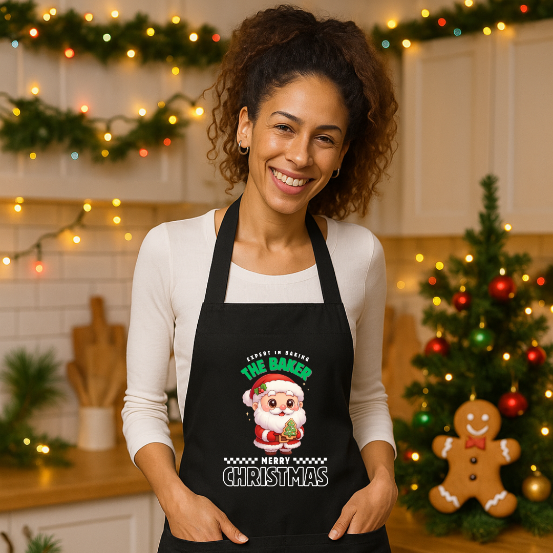Expert in Baking: The Santa Baker- White and Green | Organic cotton apron