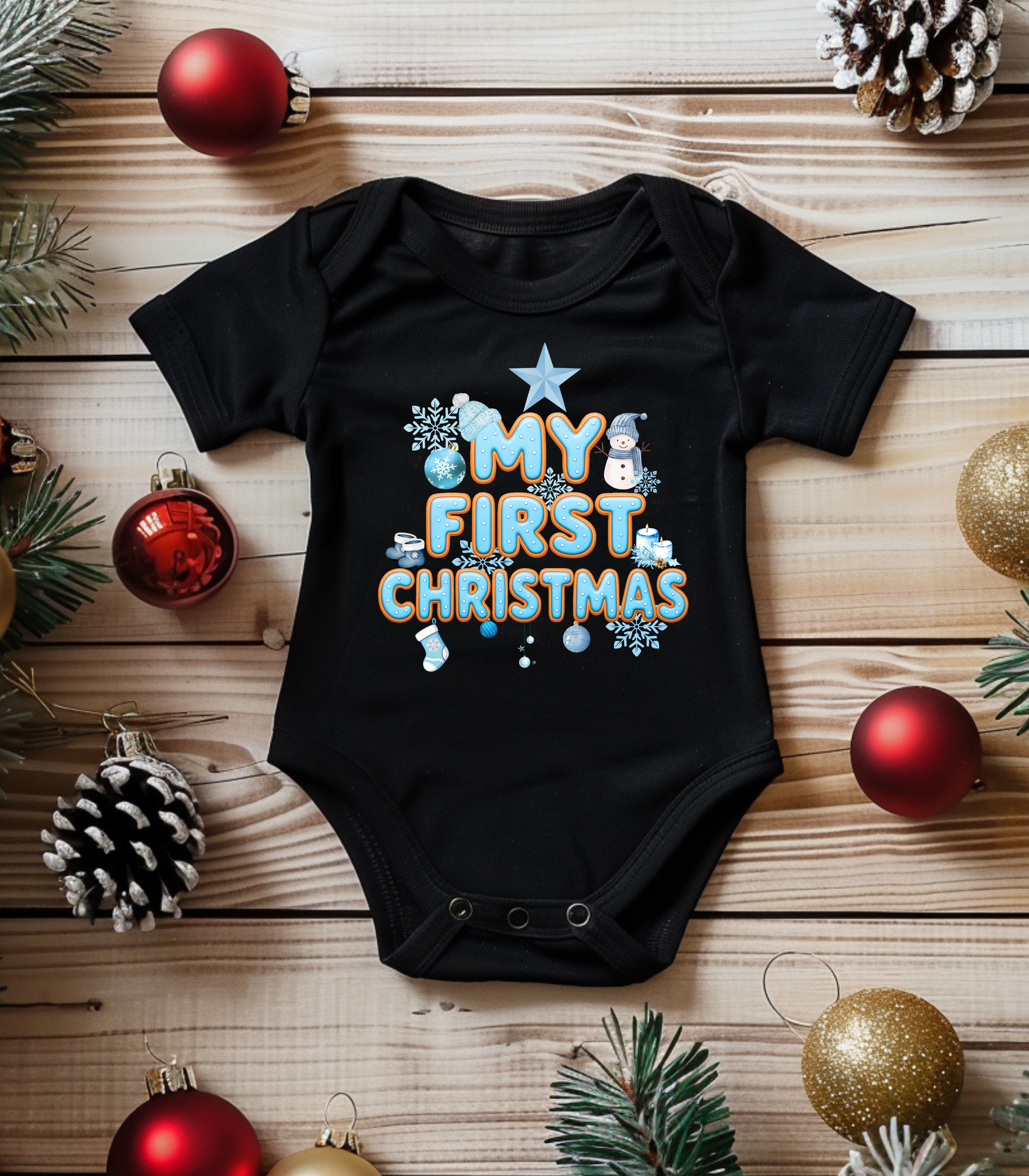 My First Christmas Blue Kids and Babies Onesie Bodysuit