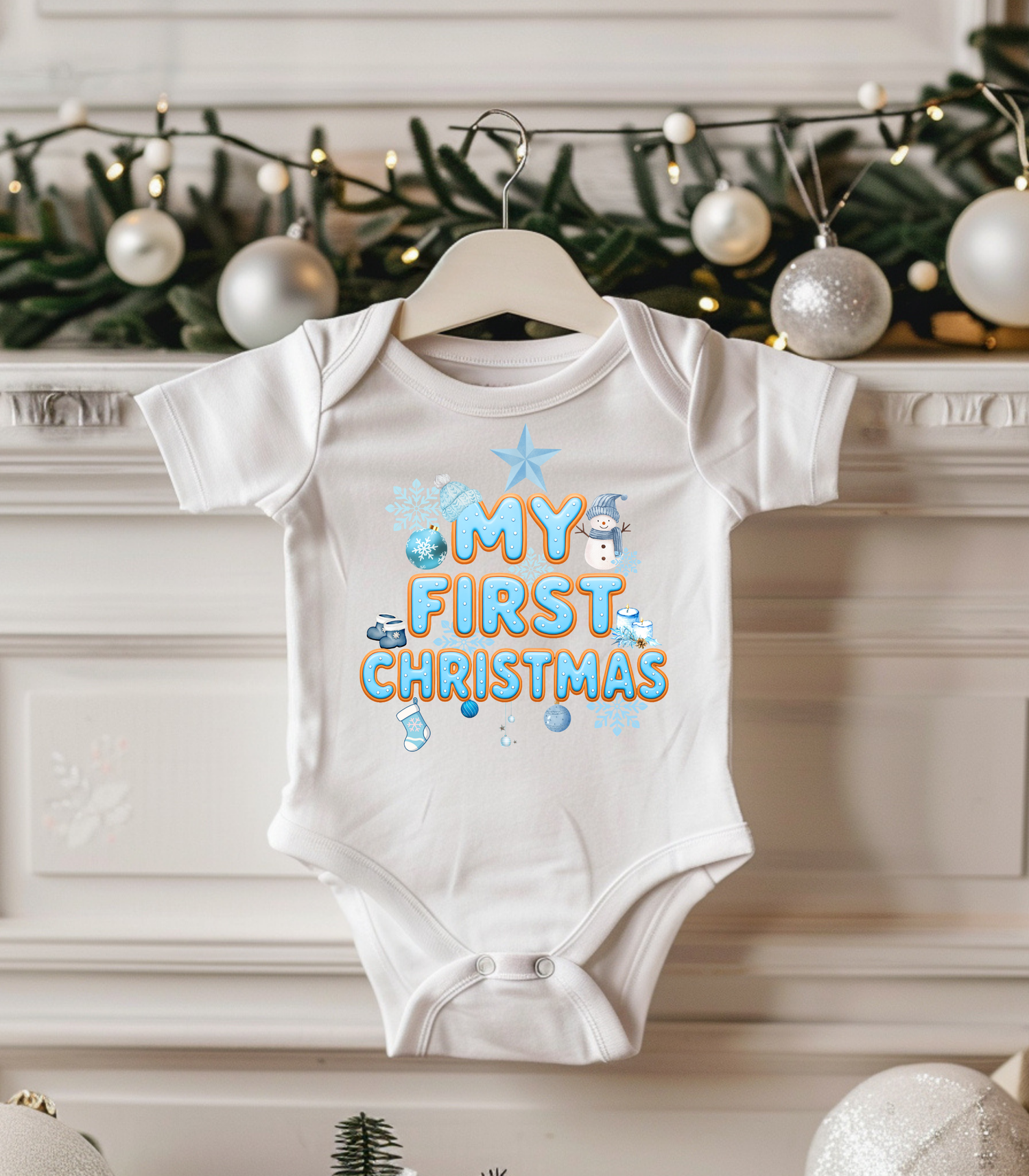 My First Christmas Blue Kids and Babies Onesie Bodysuit