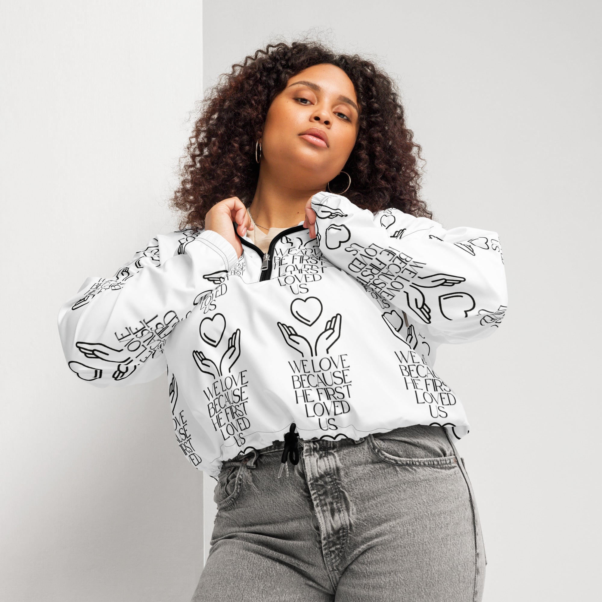 He First Loved Us Biblical Cropped Windbreaker | – RB Designa Co