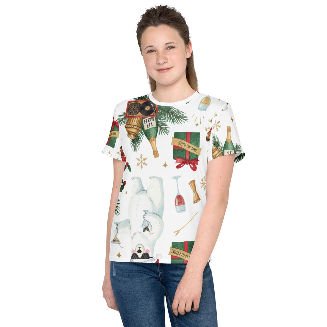 "Bad Santa & Party Bears" in White Pattern | Youth crew neck t-shirt | – RB Designa Co