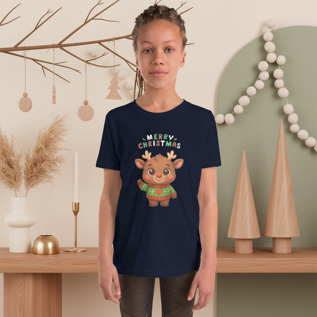 Reindeer With Antlers Christmas Tee | Soft Cotton Kids Shirt | Pre-Shrunk Fit | – RB Designa Co