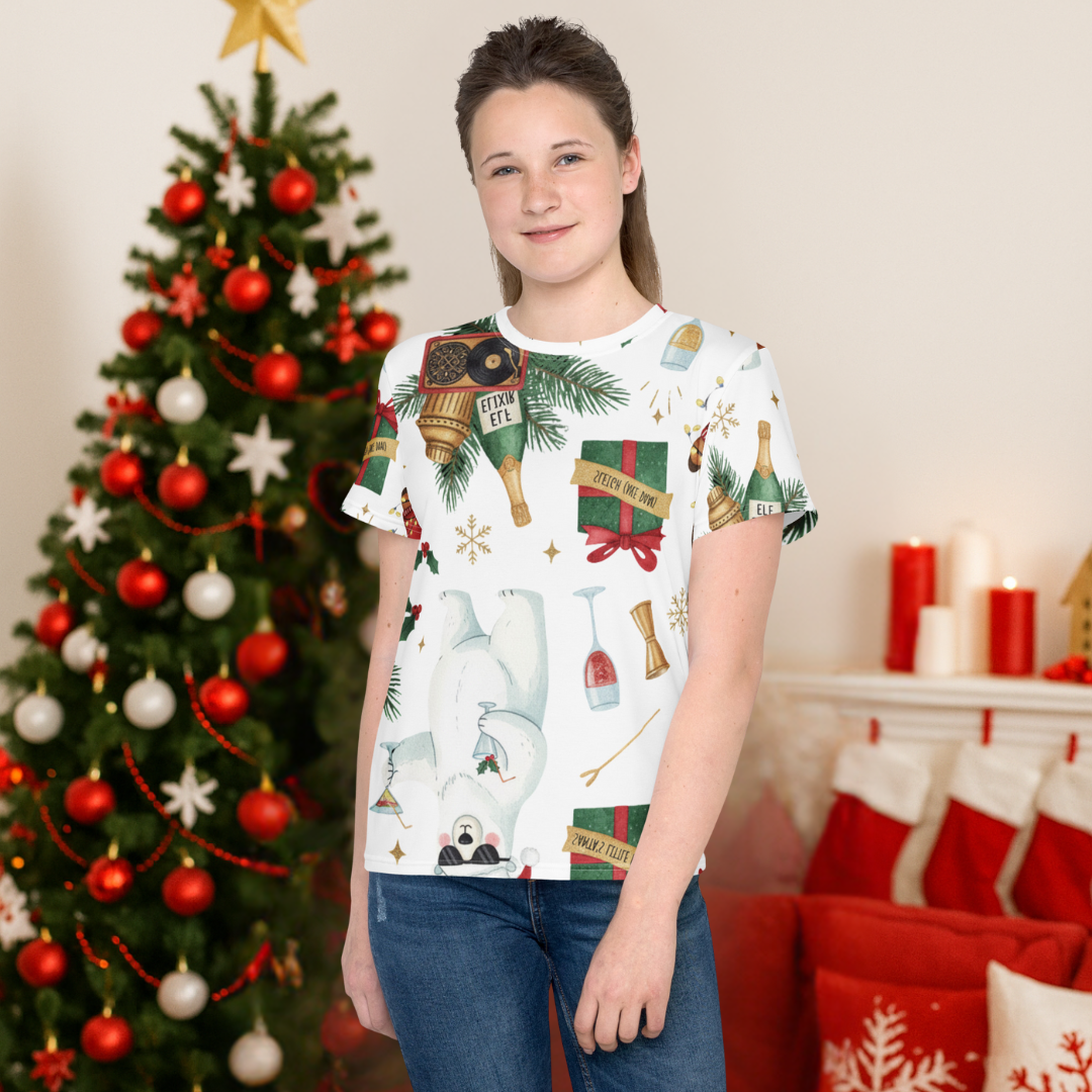 &quot;Bad Santa &amp; Party Bears&quot; in White Pattern | Youth crew neck t-shirt