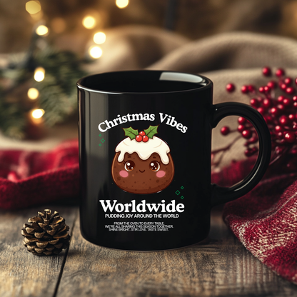 &quot;Christmas Vibes Worldwide...&quot;- White | Black Glossy Mug