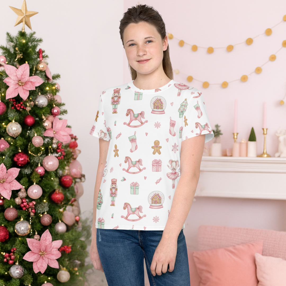 &quot;Sweet Holiday Toys Pattern in White” | Youth crew neck t-shirt