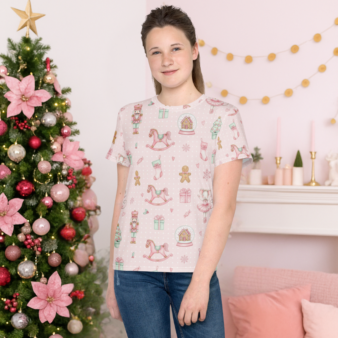 &quot;Sweet Pink Holiday Toys Pattern” | Youth crew neck t-shirt