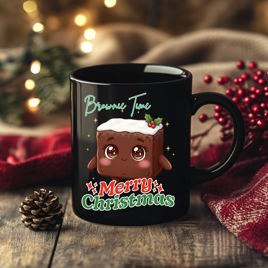 &quot;Brownie Time, Merry Christmas&quot;- Green | Black Glossy Mug