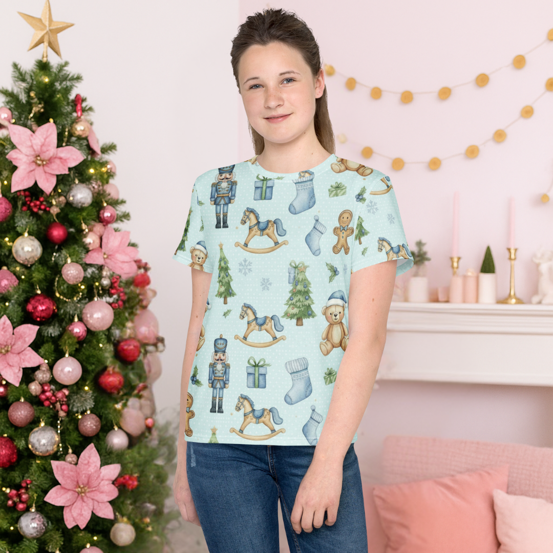 "Blue Nutcracker and Teddy Pattern" | Youth crew neck t-shirt