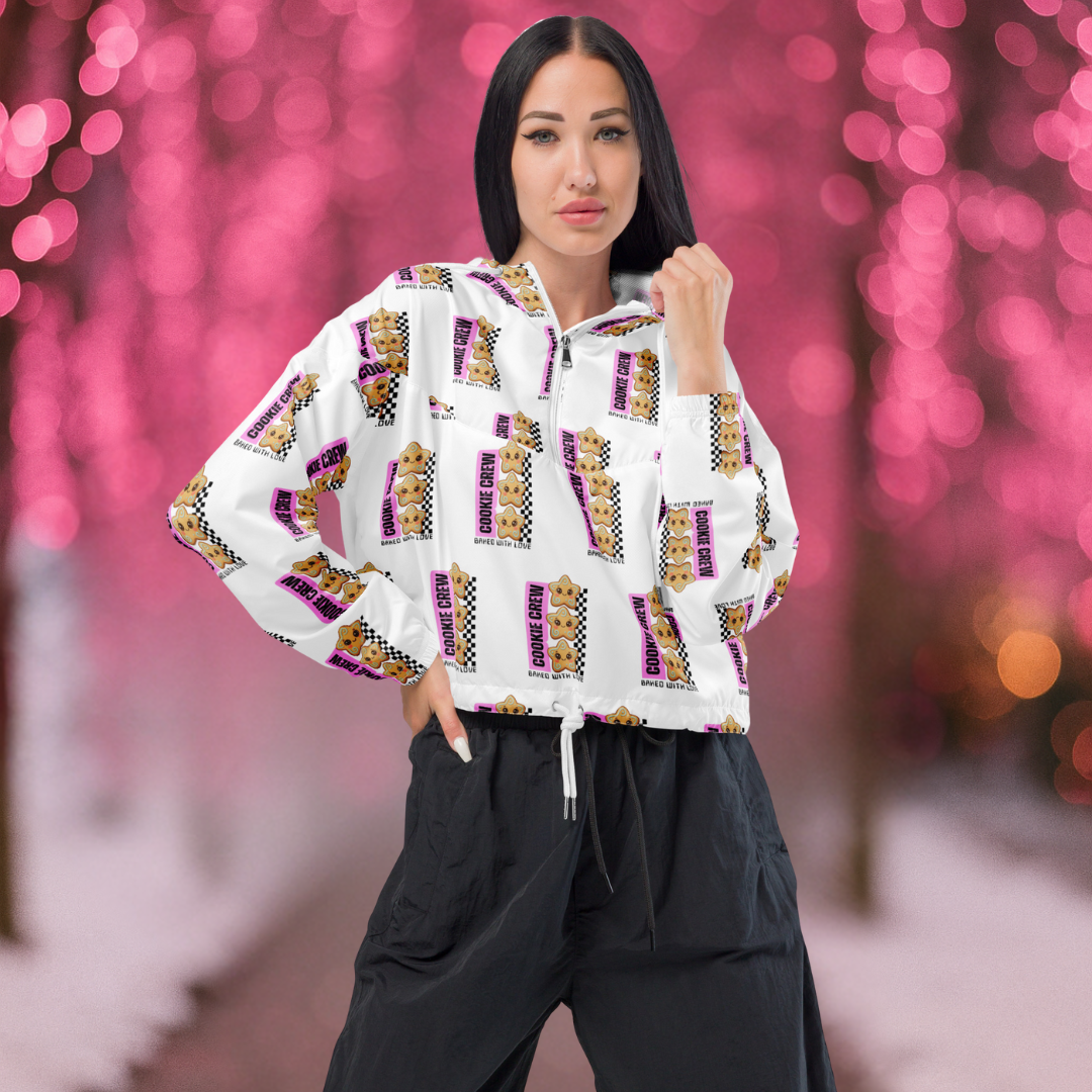 "Cookie Crew, Baked With Love"- Black in Pink | Women’s cropped windbreaker