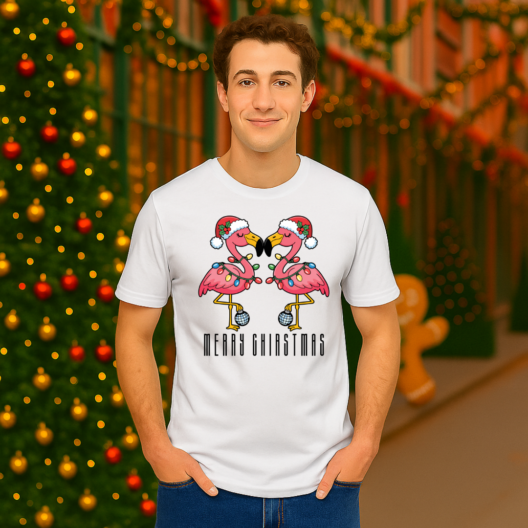 &quot;Merry Christmas&quot; Flamingo- Black | Adults t-shirt
