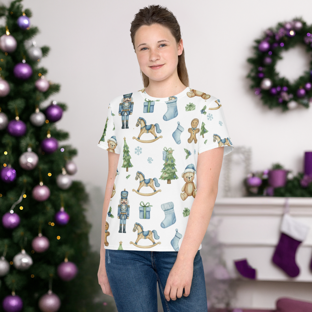 &quot;Nutcracker and Teddy Pattern&quot; | Youth crew neck t-shirt