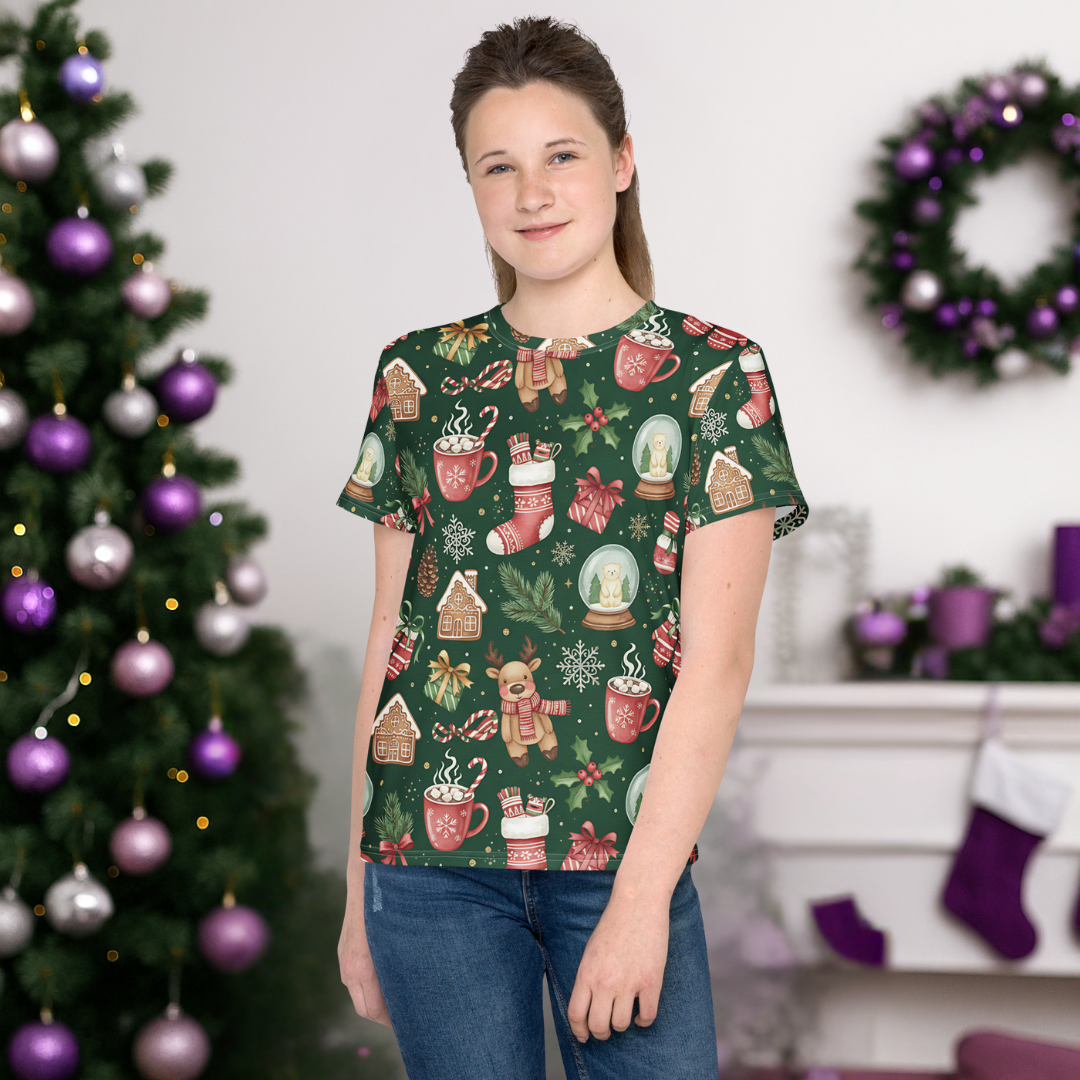 &quot;Cute Reindeer and Hot Chocolate Pattern&quot; | Youth crew neck t-shirt