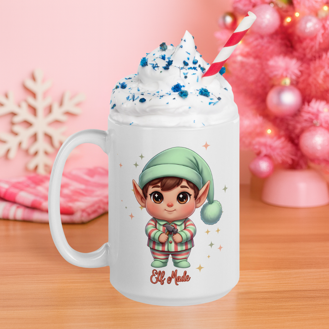 Cute Elf Green Hat Kids White Mug