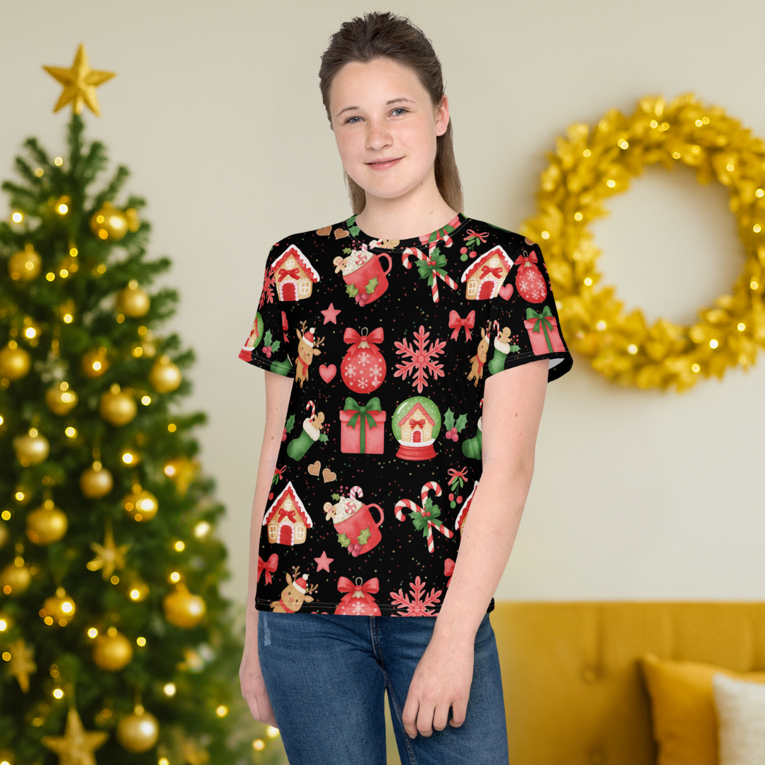 "Sweet Red Holiday" in Black | Youth crew neck t-shirt