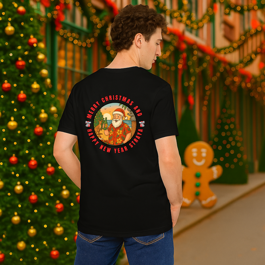 "Merry Christmas and Happy New Year Straya"- Drinking Santa | Adults t-shirt