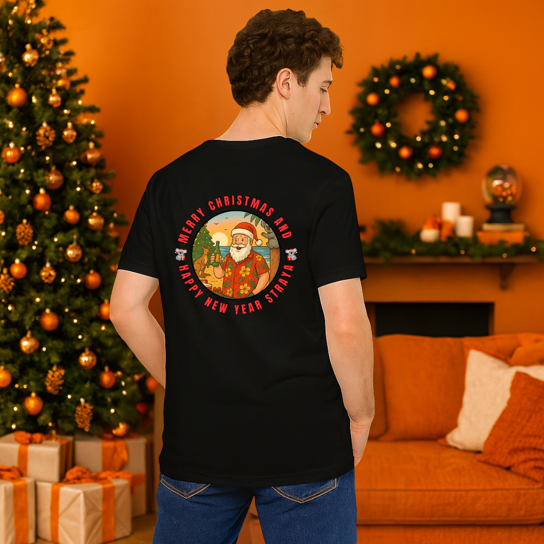 &quot;Merry Christmas and Happy New Year Straya&quot;- Drinking Santa | Adults t-shirt