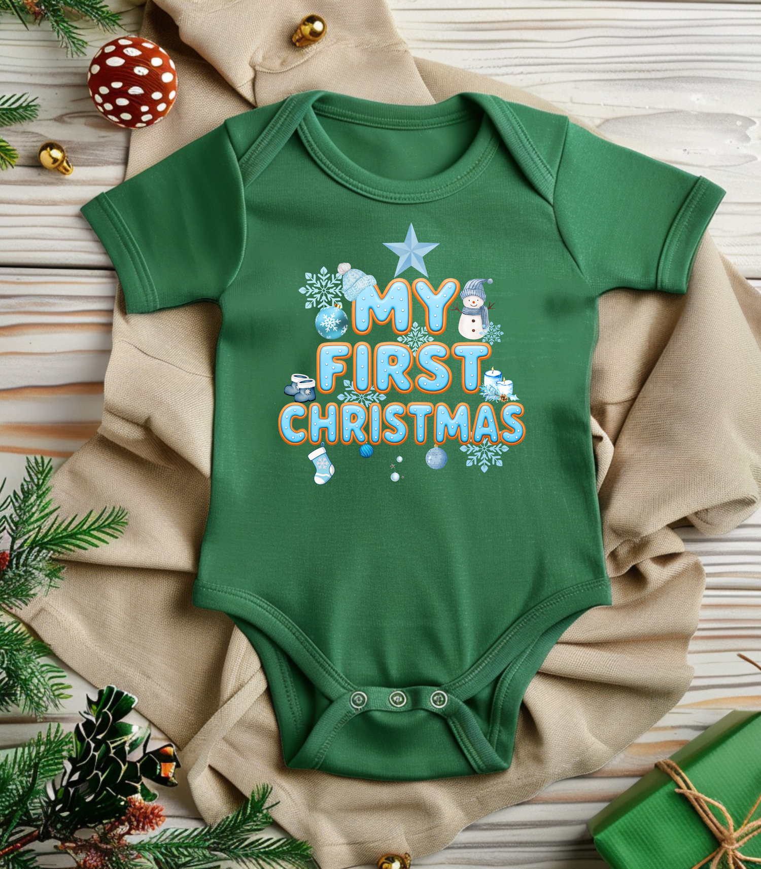 My First Christmas Blue Kids and Babies Onesie Bodysuit