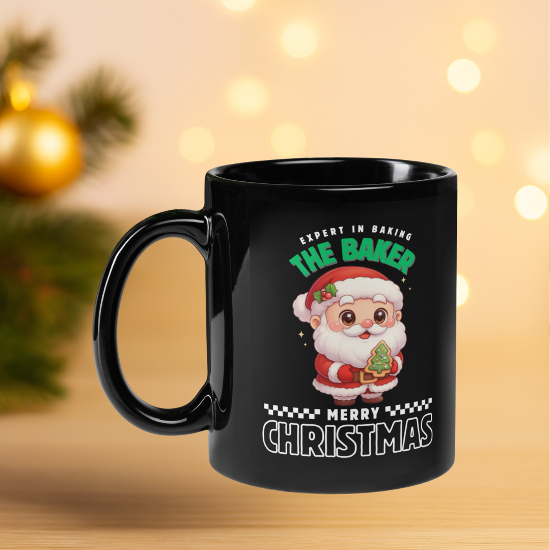 Expert in Baking: The Santa Baker- White and Green | Black Glossy Mug