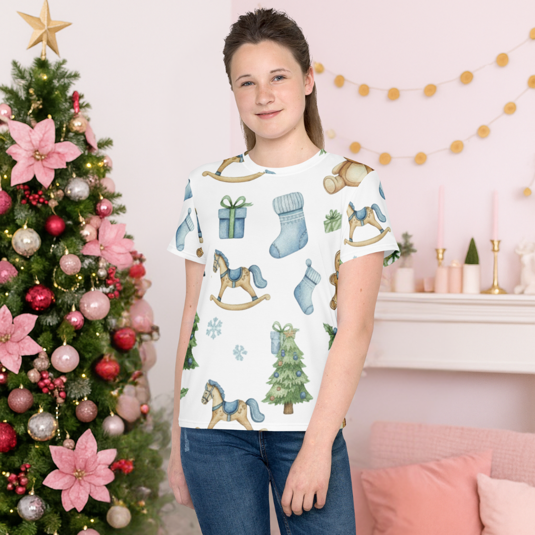 "Nutcracker and Teddy Pattern II in White" | Youth crew neck t-shirt