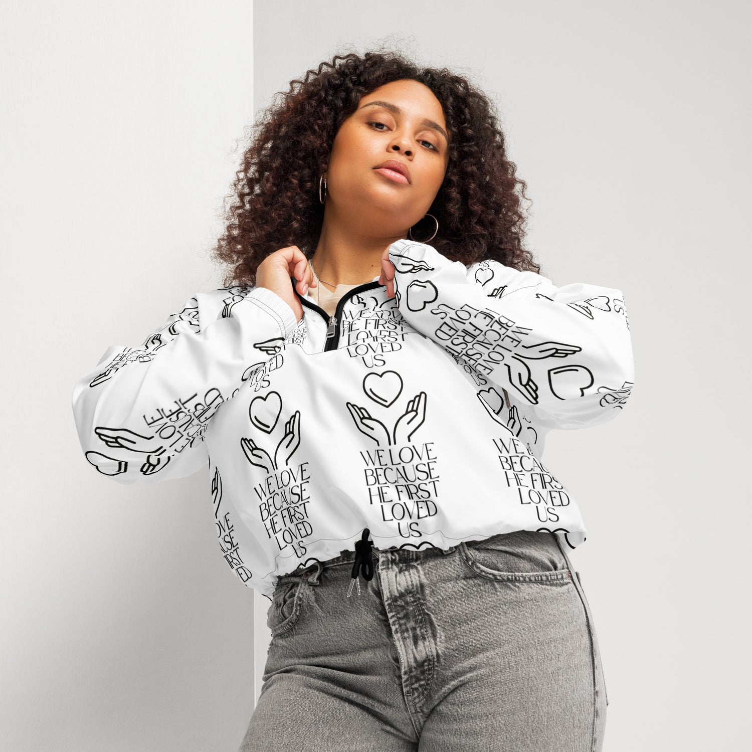 He First Loved Us Biblical Cropped Windbreaker | – RB Designa Co